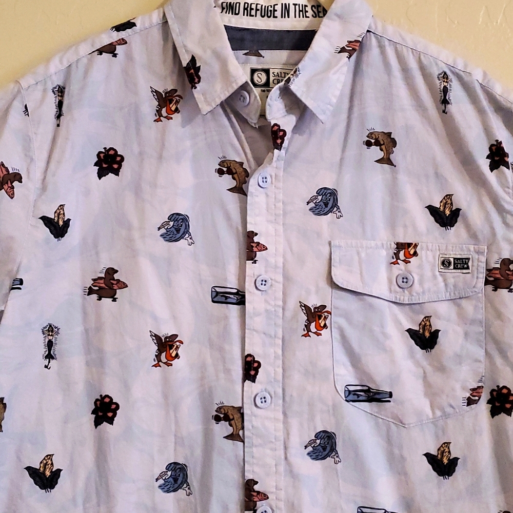 Sold-Salty Crew Bonzarelly Blue Woven Button Shirt Sz Small Sea Print Host Pick - Picture 2 of 7